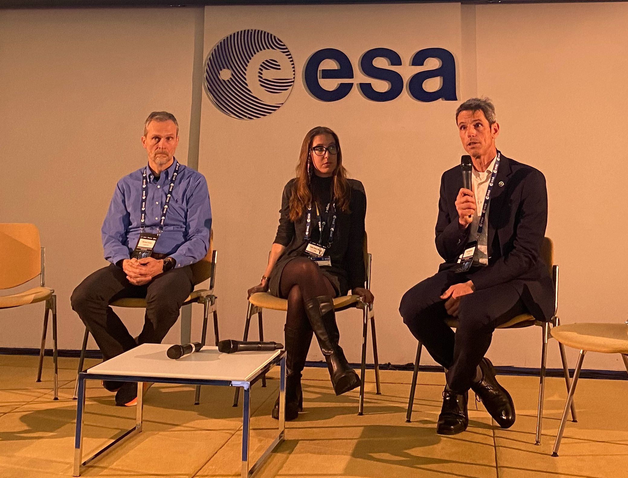 Destination Earth User eXchange Left to right: Michael Schick (EUMETSAT), Ines Sanz Morere (ESA) and Jörn Hoffmann (ECMWF). Credit: ESA