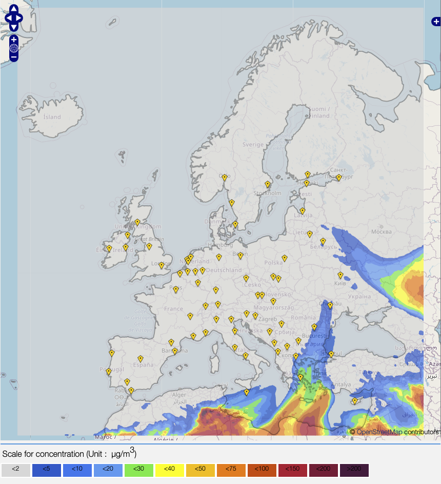 A) DREAM Dust Load forecast map at 3000m for 12: 00 UTC and B